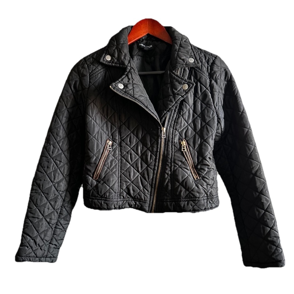 NEW LOOK Quilted Moto Bomber Jacket Black Women Juniors Size Medium